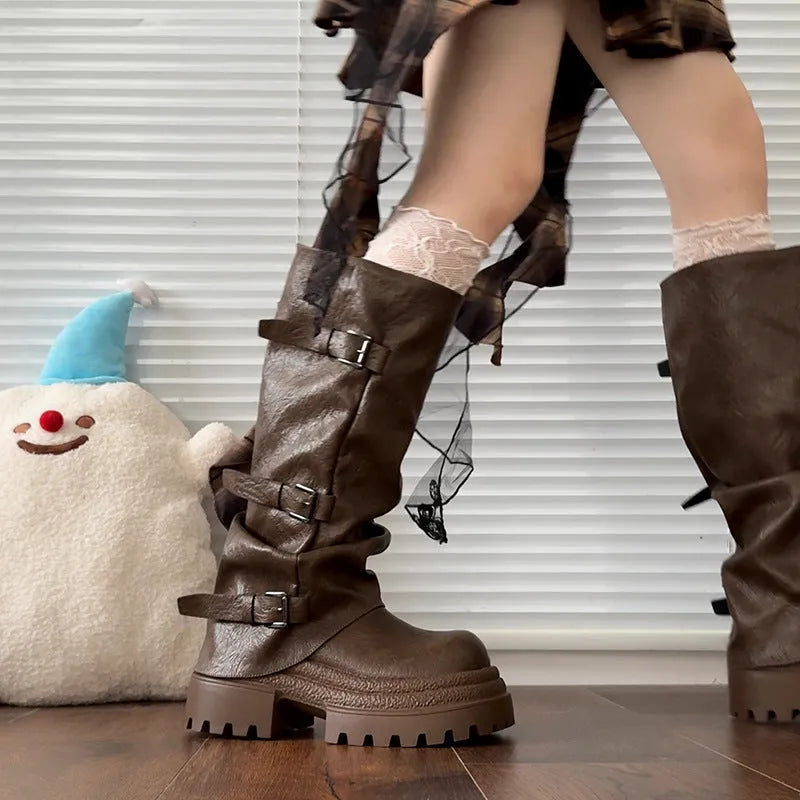 Women's thick bottom knight boots in solid khaki synthetic leather with chunky sole and high-top shaft