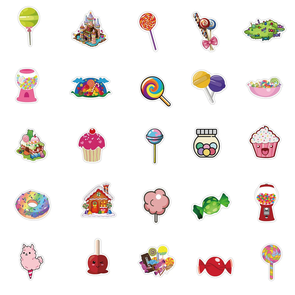 Candy series graffiti colour adhesive stickers pack with cartoon cute designs, 50 sheets each 4-6cm