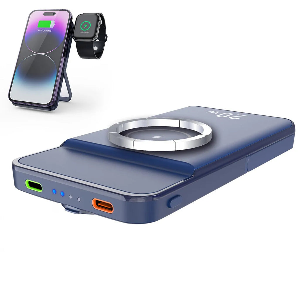 Black magnetic wireless power bank with 10000mAh capacity showing bracket design