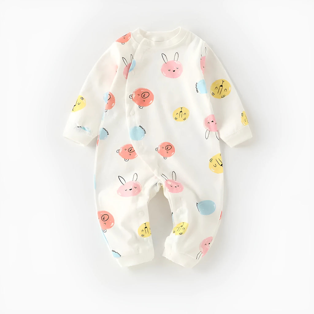 Cotton baby long climb pajamas in a colourful print, shown laid flat, suitable for spring and autumn.