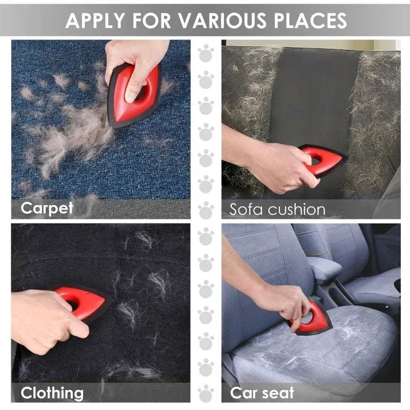 Silicone pet hair remover brush in red colour on a fabric sofa.
