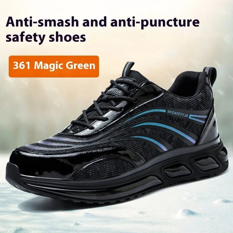 Lightweight orange leather labour protection safety shoes with rubber sole on a work site background.