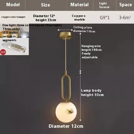 Nordic creative wall light bulb with marble shade and copper frame in black finish, 15cm diameter
