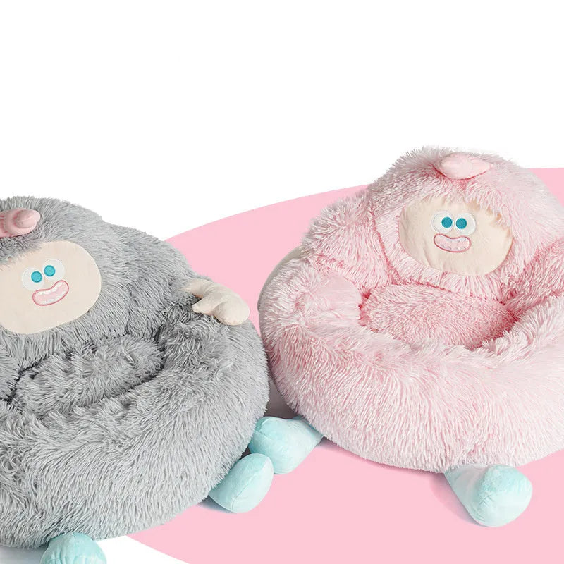Grey long plush pet nest bed for a cat or dog, showing its round kennel shape and thick material.