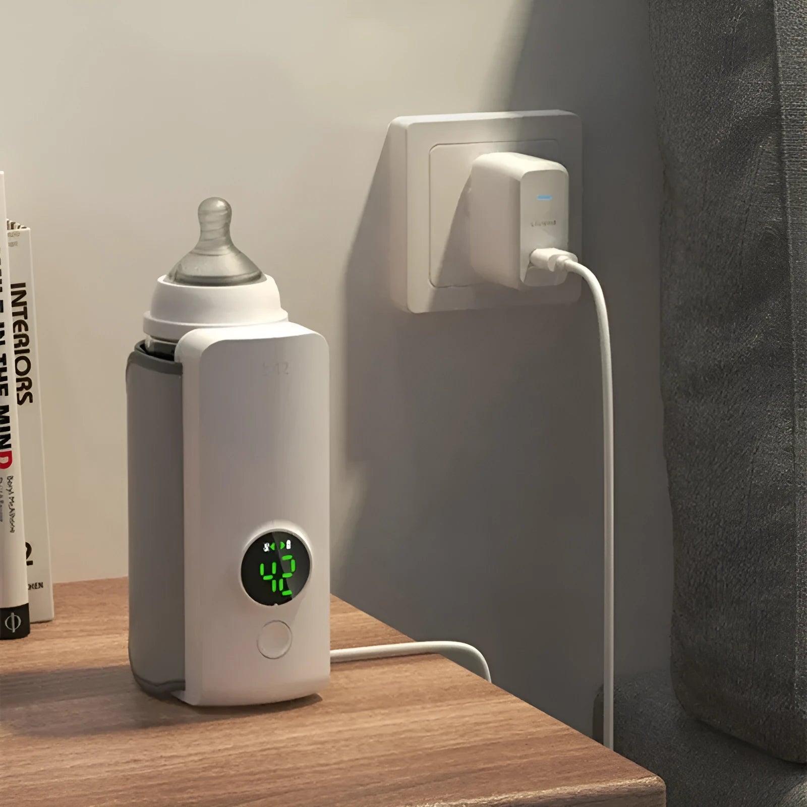 Portable milk warmer with white digital display, USB cable, and 6000mAh battery for bottle warming