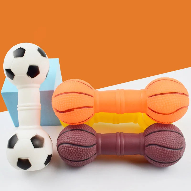 Football dumbbell shaped dog squeaky chew toy in multiple colours