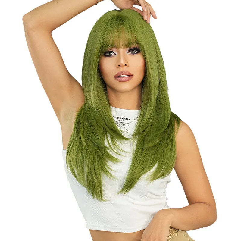 Vanilla green straight women's wig 63cm long with straight bangs and domestic silk material