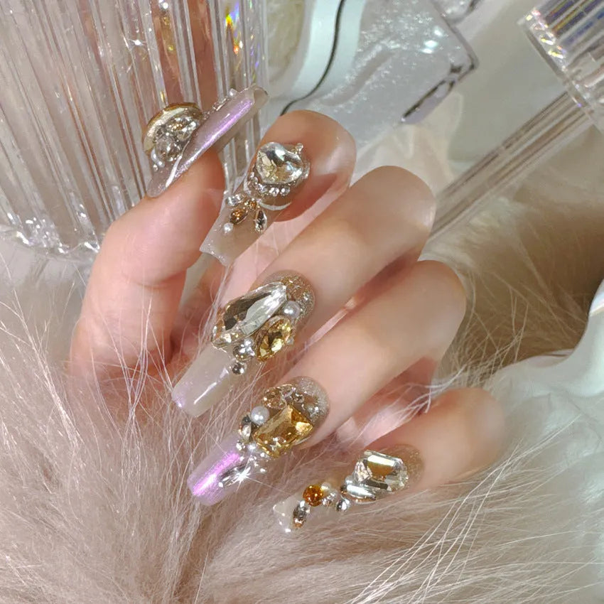 False nail patches with luxury rhinestone decorations in flash style on card packaging