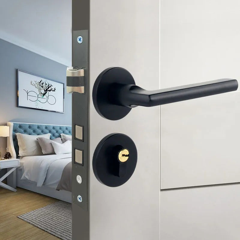 Aluminium alloy split magnetic door lock handle for timber doors in black and silver finish.