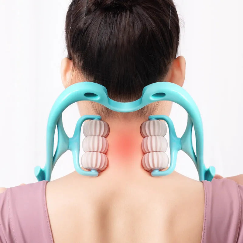Blue handheld six-wheel electric massager with heat function for neck and shoulders