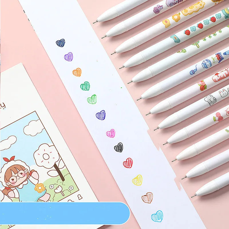 Set of twelve colourful 0.5mm gel pens with plastic bodies for writing and stationery.