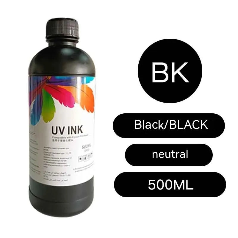 500ml bottle of Epson-compatible UV printer ink in black, cyan, magenta, yellow, light cyan, light magenta, white, and glossy colours.