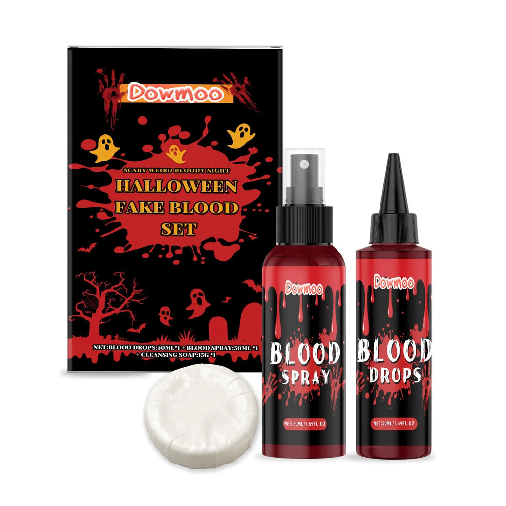 3-piece washable simulation fake blood set with plasma drops, spray, and facial soap for horror makeup effects