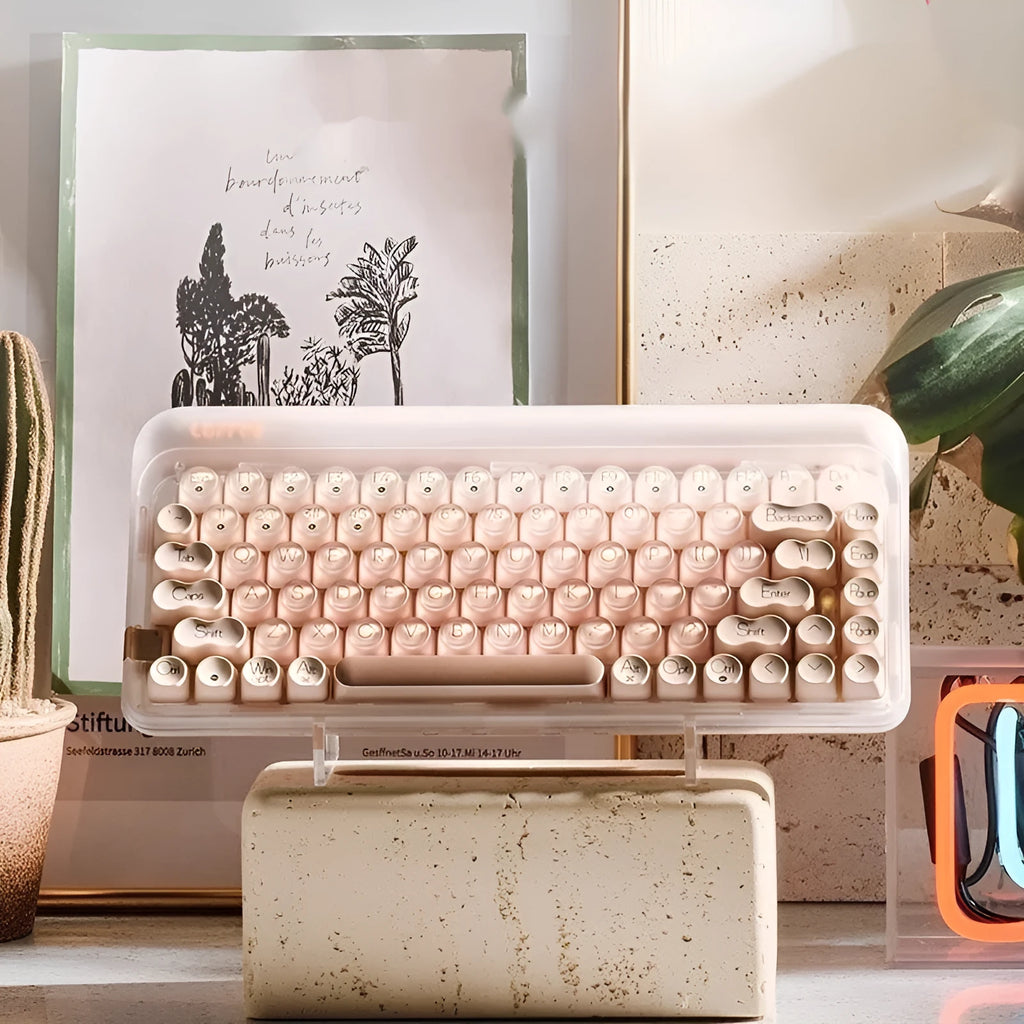 Liquid foundation coloured wireless mechanical keyboard set with mouse, desk lamp, and calculator.