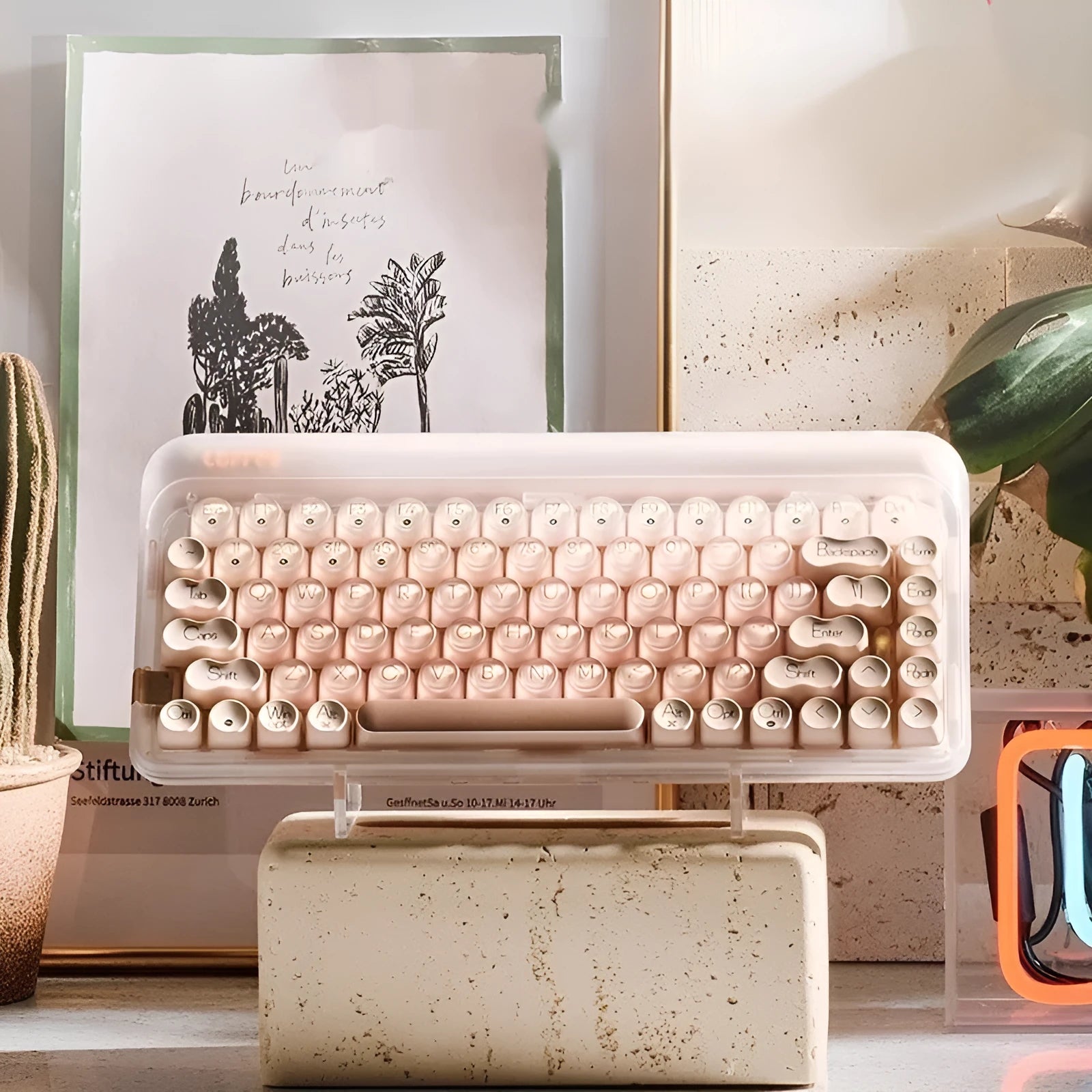 Liquid foundation coloured wireless mechanical keyboard set with mouse, desk lamp, and calculator.