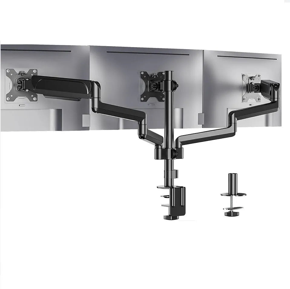 Black triple-arm gas spring computer monitor mount for 13-27 inch screens with aluminium alloy construction