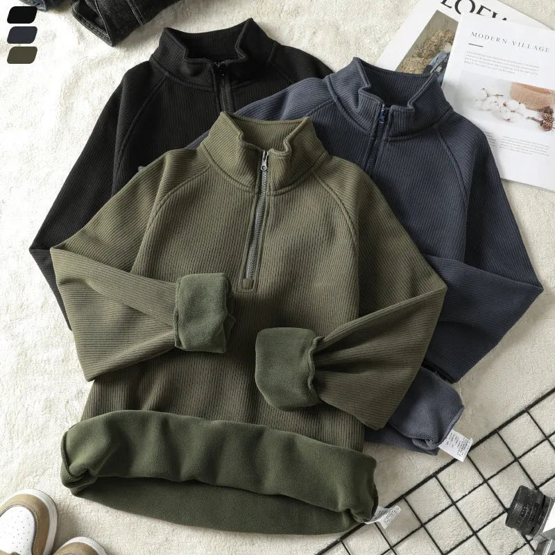 Men's stand-collar fleece sweatshirt in army green with long sleeves, front view