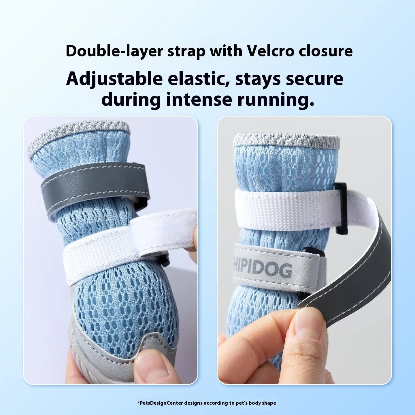 Pair of blue and green breathable mesh dog shoes with thick rubber soles and hook-and-loop straps on a wooden floor.