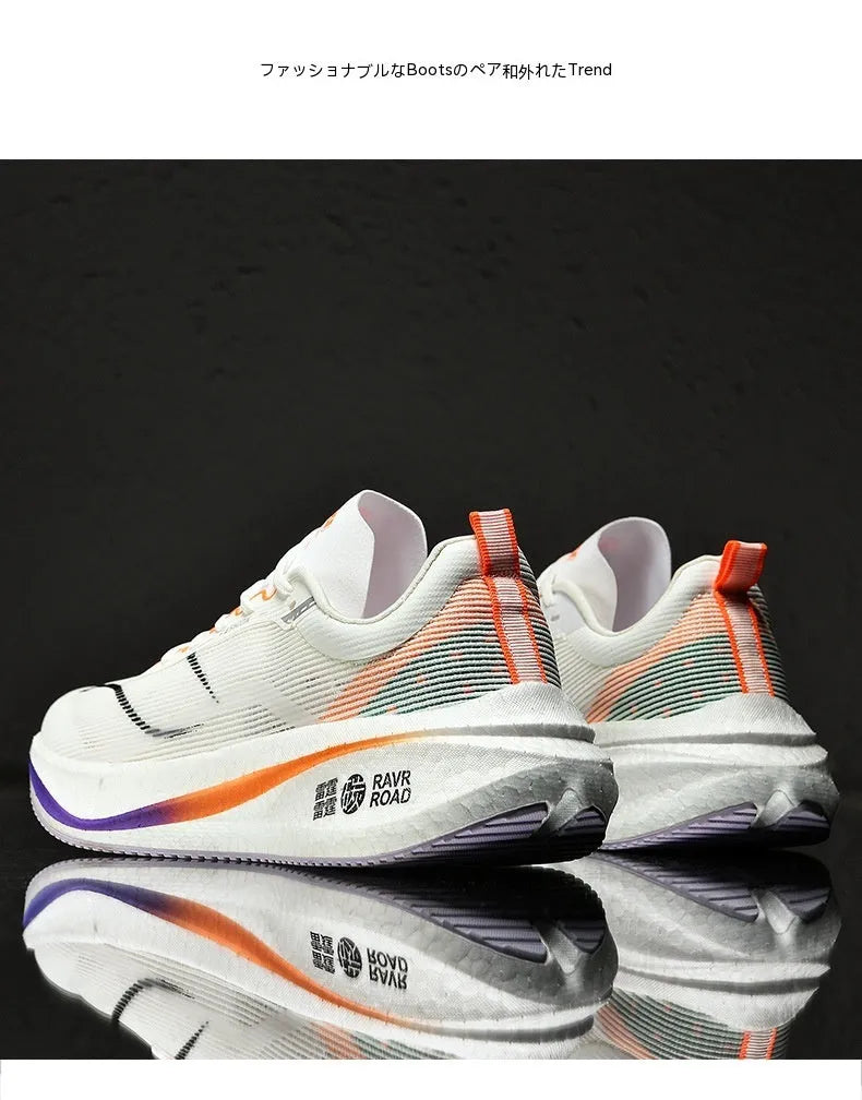 Pair of unisex shockproof breathable running shoes with rubber sole and striped pattern