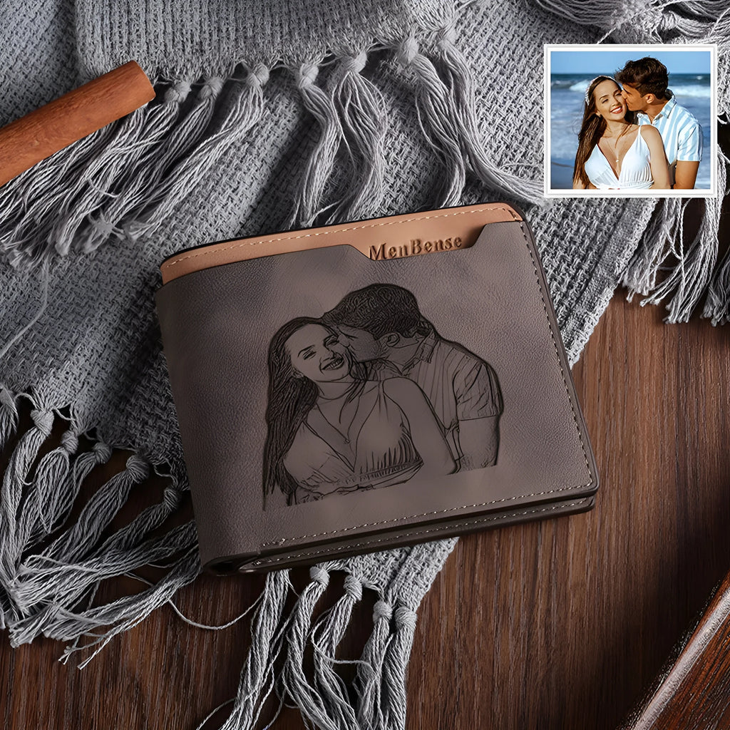 Coffee brown engraved horizontal PU wallet with custom photo personalisation.