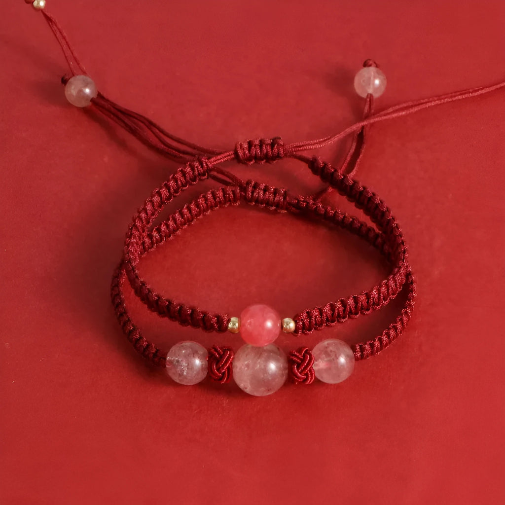 Woven red rope bracelet with strawberry quartz beads and alloy clasp in obsidian black and red styles