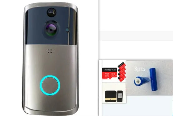 Black WiFi video doorbell camera with infrared night vision and two-way intercom against a white wall