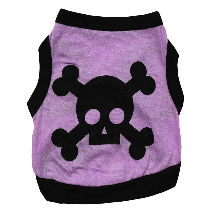 Blue Halloween dog vest with skull bones pattern on a small dog