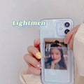 Clear transparent PVC iPhone case with a card slot on the back, shown fitting an iPhone model.