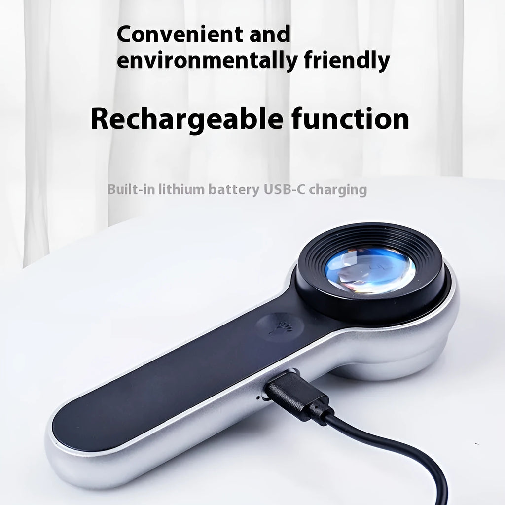 60x HD USB rechargeable LED magnifying glass 30mm lens silver black