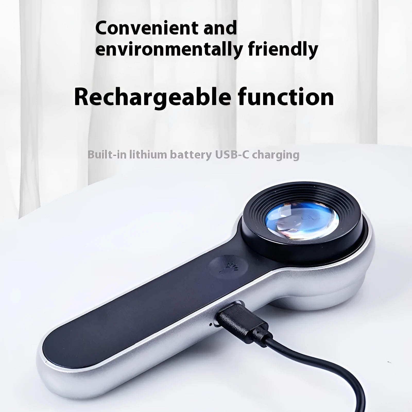 60x HD USB rechargeable LED magnifying glass 30mm lens silver black