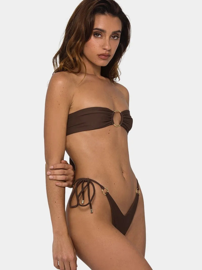 Brown women's tube-top push-up bikini with adjustable halter neck ring and split skirt design.