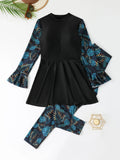 Plus size women's long sleeve swimsuit with split trousers in picture colour, high waist design