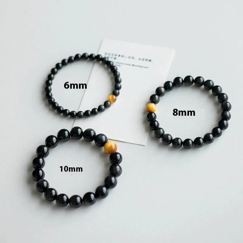Korean-style geometric obsidian bracelet with natural eye pattern stones