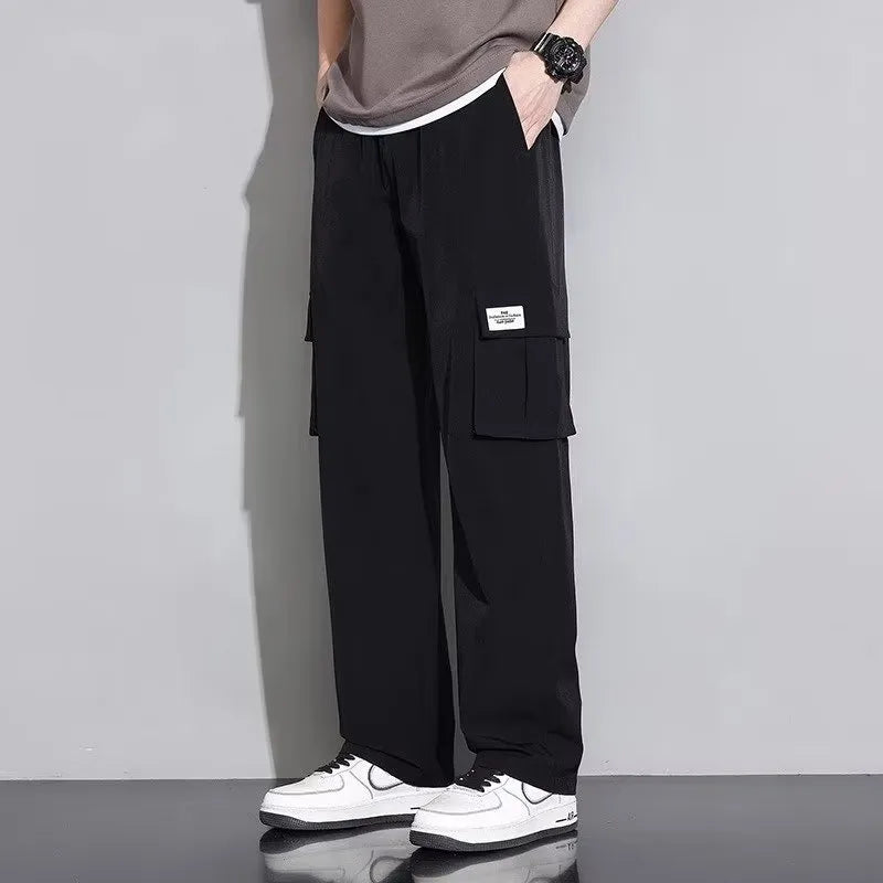 Men's summer ice silk overalls set with short sleeves in black, dark gray, brown green, and white, sizes M to 5XL