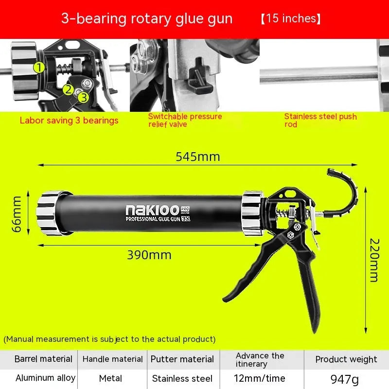 Aluminium alloy manual glue gun with 13 bearing structure for sealant application.