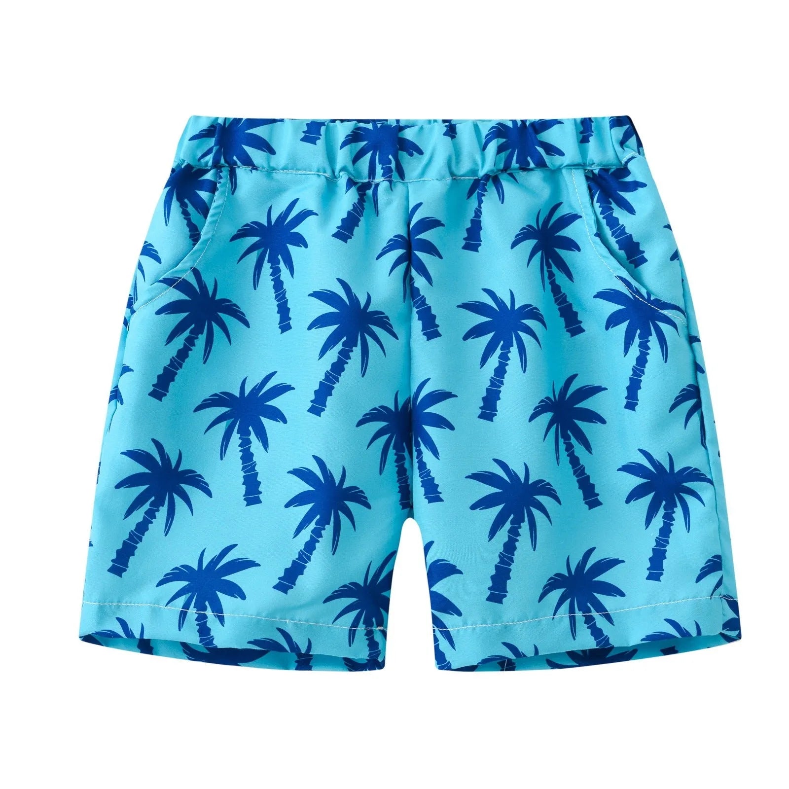 Printed beach shorts with elastic waistband in multiple colour patterns including coconut trees and pineapple design