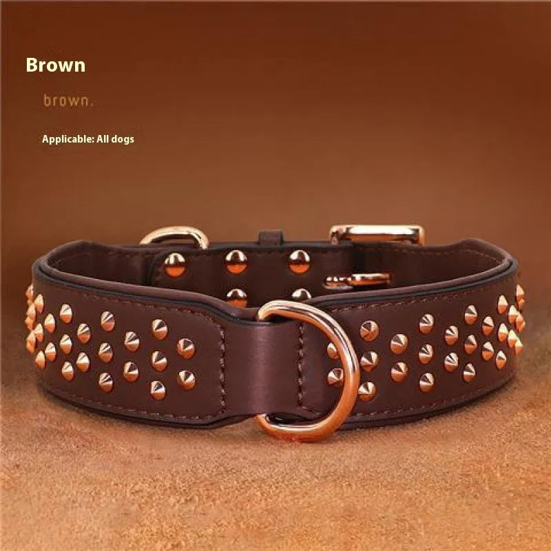 Leather dog collar with metal rivets in black, shown on a size chart with chocolate and pink colour options.