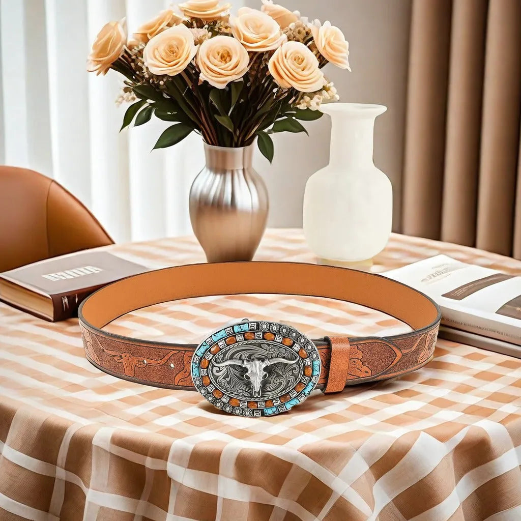 Men's brown imitation leather belt with a detailed silver alloy cow head buckle and pin fastener.