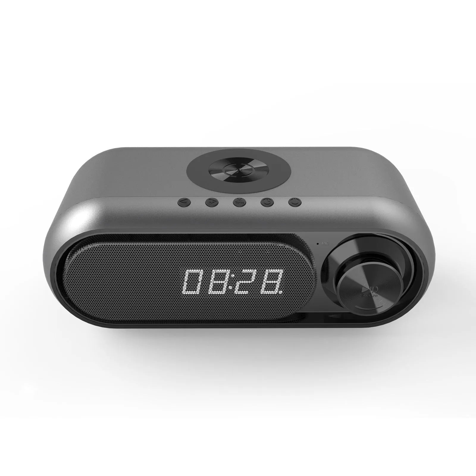 Space grey bedside wireless charging alarm clock with Bluetooth speaker and LED display