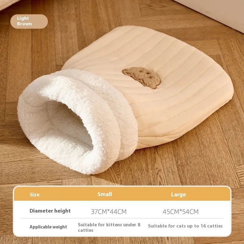 Cat sleeping bag nest with fleece fabric exterior and bear pattern in light brown colour
