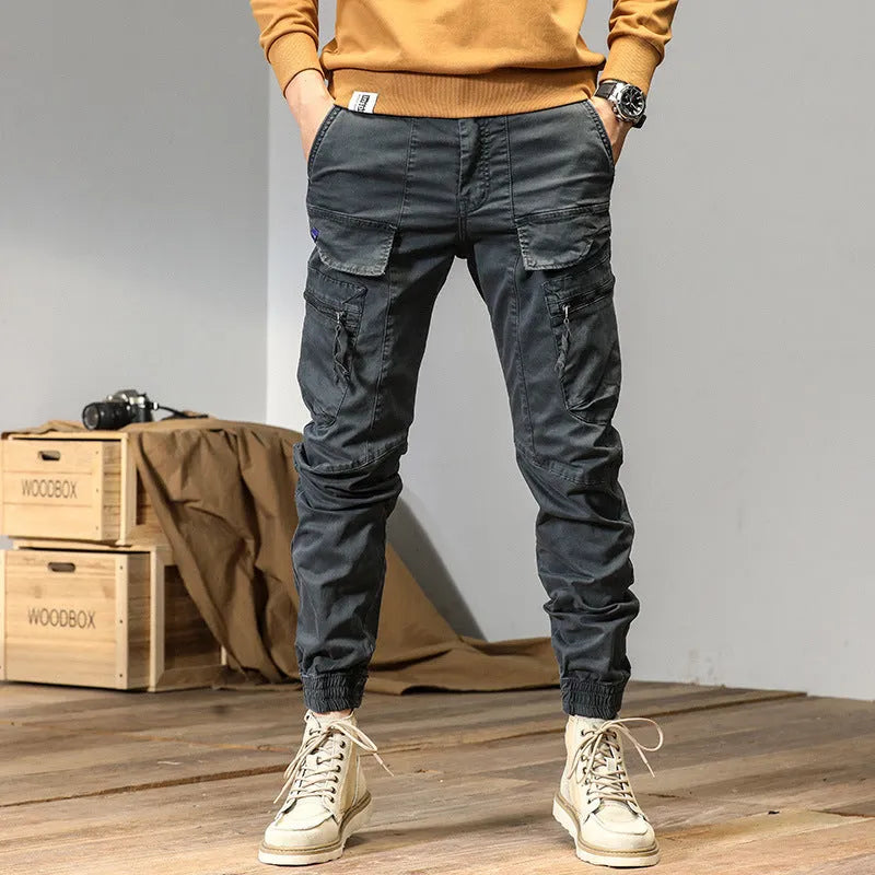 Men's cotton Japanese workwear overalls in army green, straight leg, mid-waist, autumn casual trousers