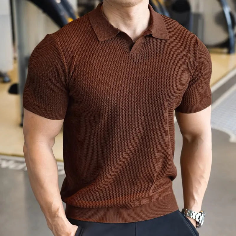 Men's button henry collar slim fit polo shirt in solid colour on a white background.
