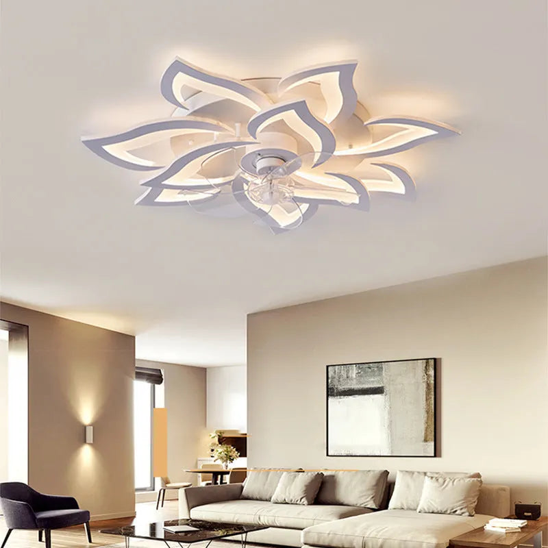 Modern white ceiling fan light with six-blade design and integrated light fitting on a room ceiling.