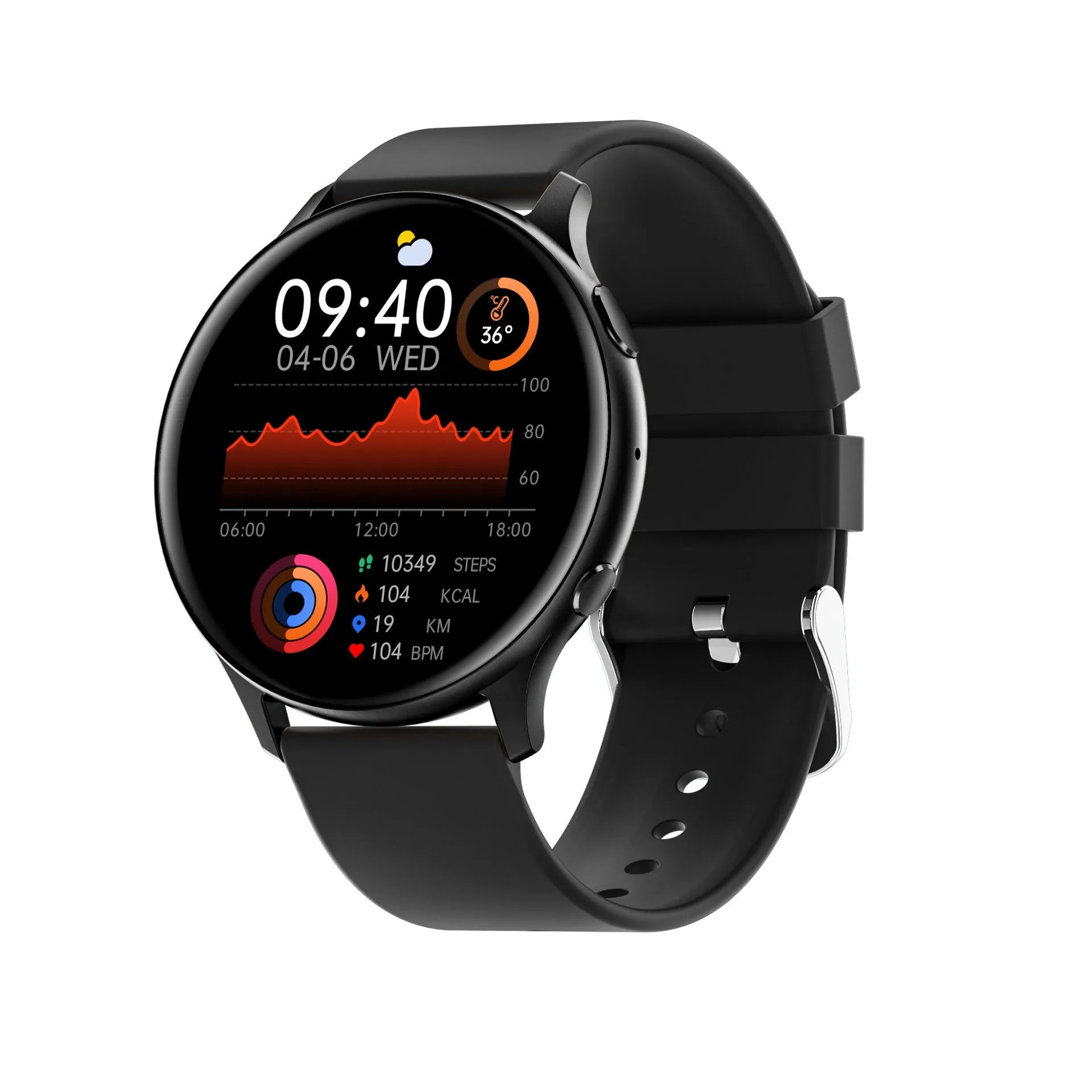 Black smartwatch with silicone strap showing heart rate and call functions on a 1.32-inch screen