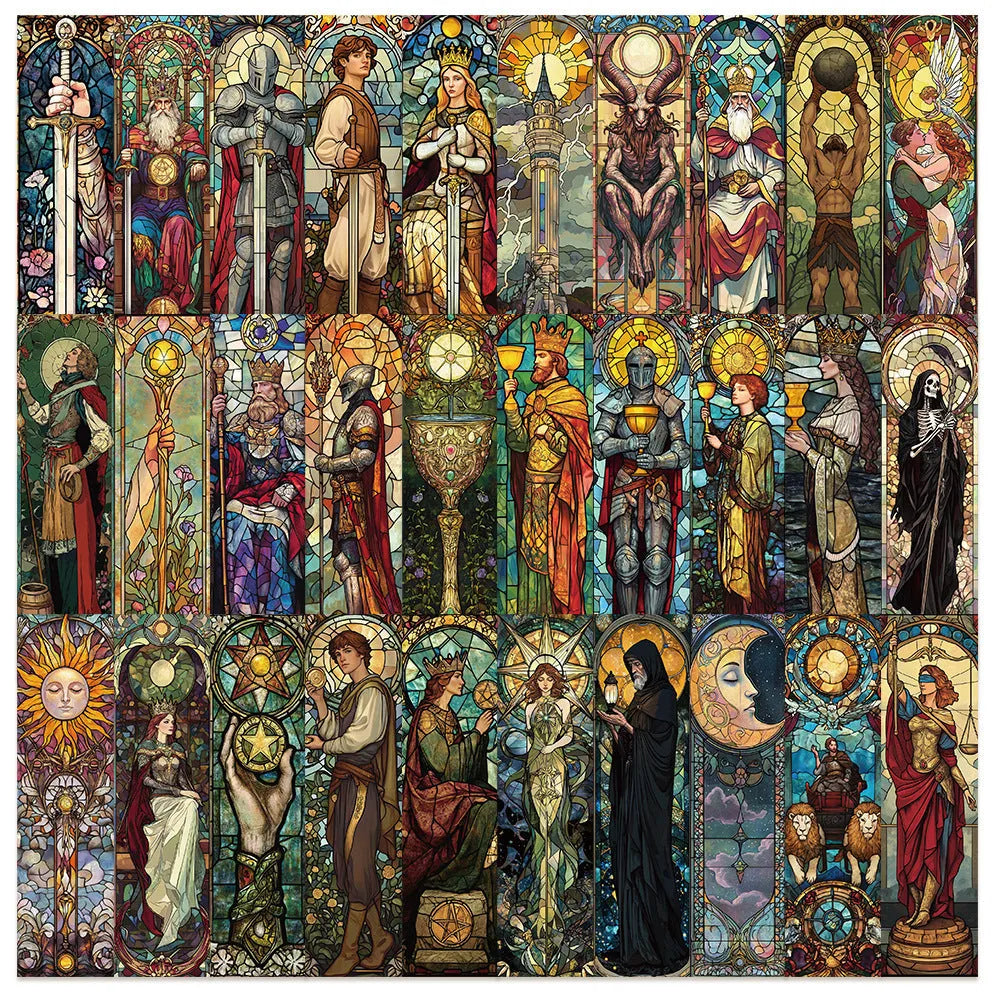 Set of 30 colourful painted glass tarot design paper bookmarks laid out flat.