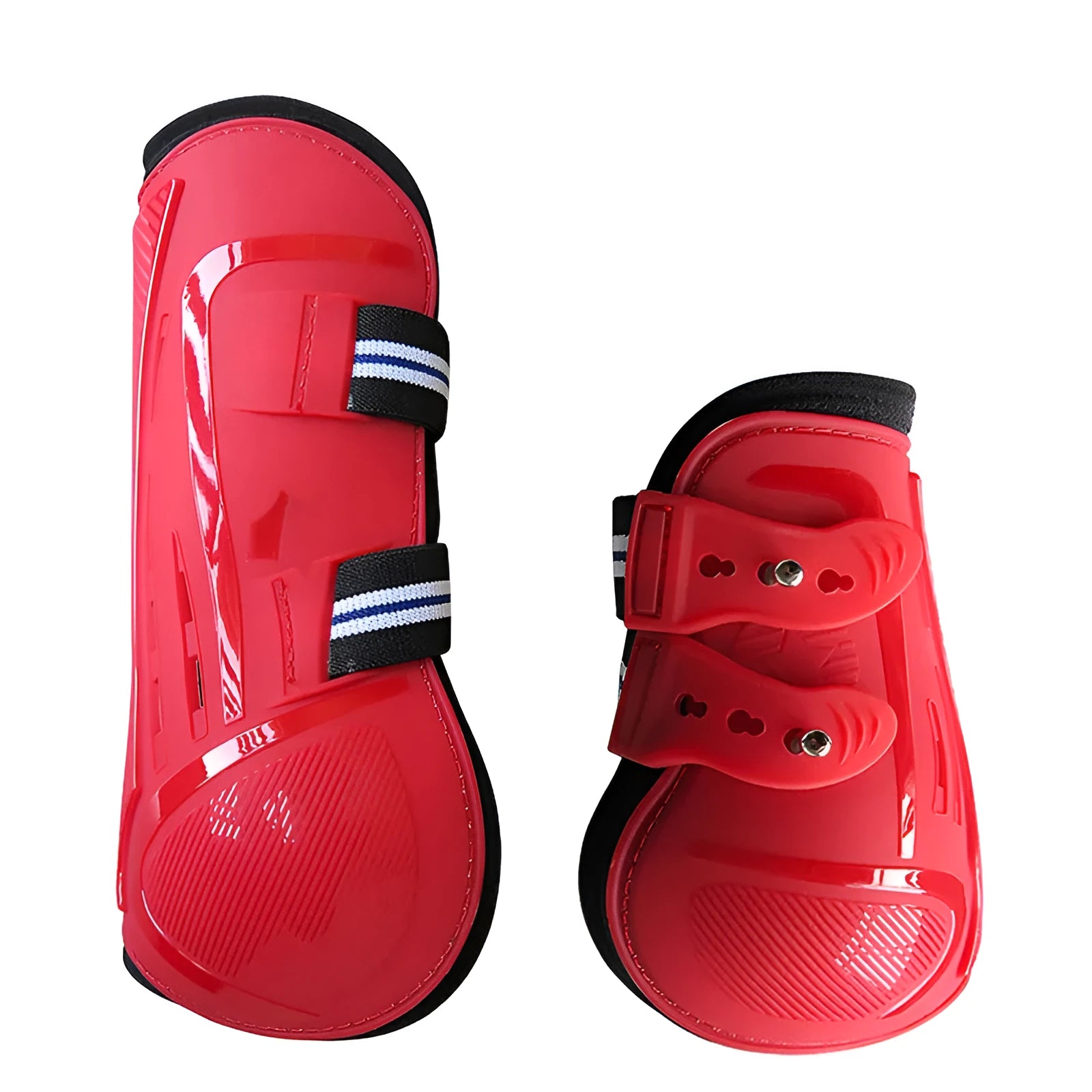 No 9 colour barrier horse leg guards showing PU hard shell and neoprene with air holes, in blue colour.