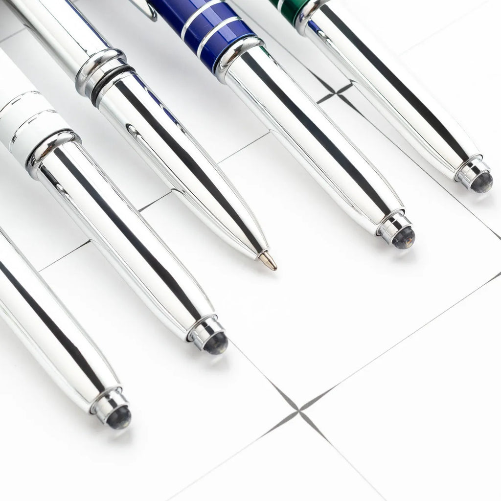 Multifunctional metal capacitive stylus ballpoint pen with LED light in five colour options