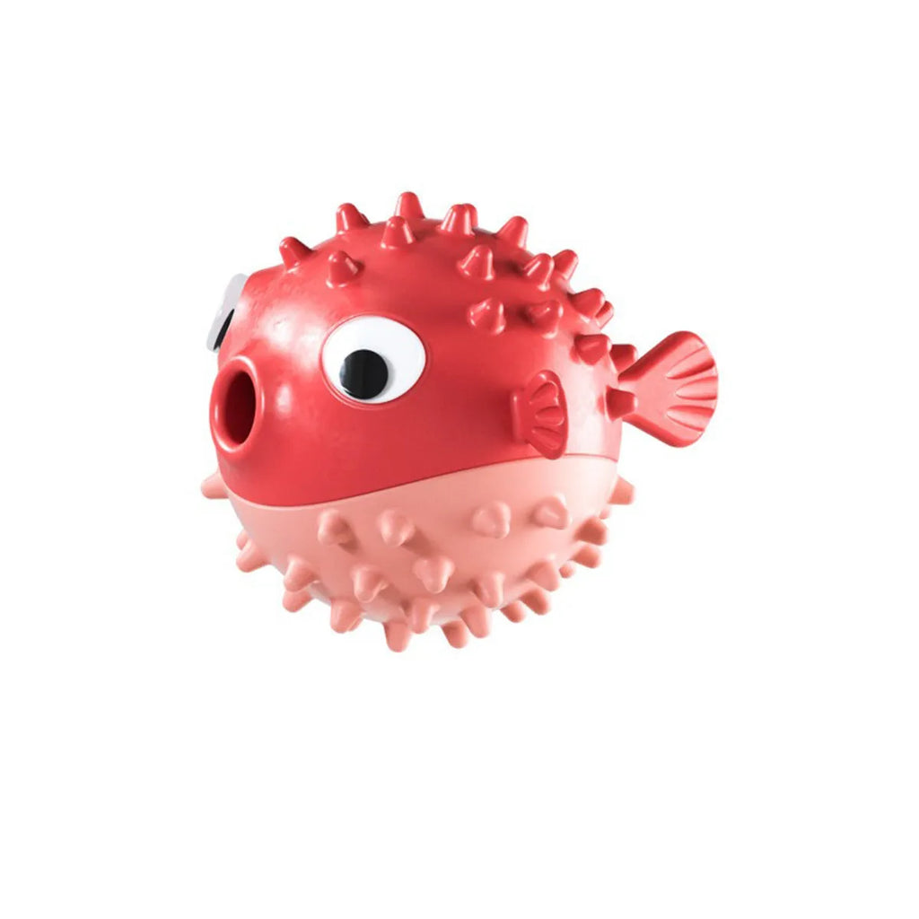 A yellow, fish-shaped durable dog chew toy with a textured surface and built-in squeaker.