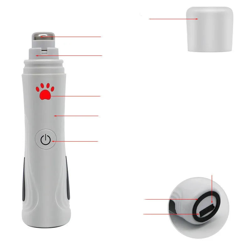 Electric pet nail grinder with diamond head, USB cable, safety cover and three speed settings for small to large pets