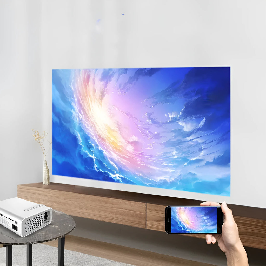 YG530 mini mobile phone projector with LED lens showing wireless same-screen projection functionality
